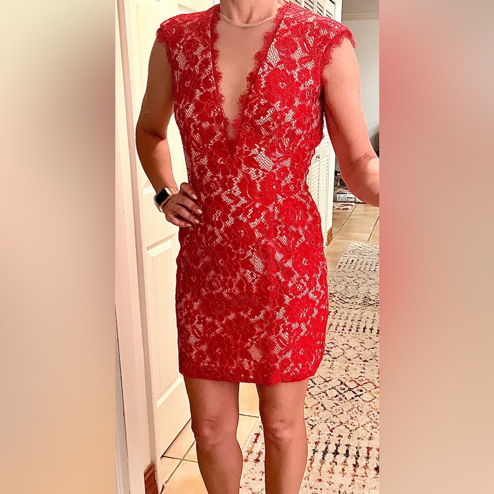 GORGEOUS fitted, red lace, deep v, VERY SEXY & VERY flattering cocktail dress!